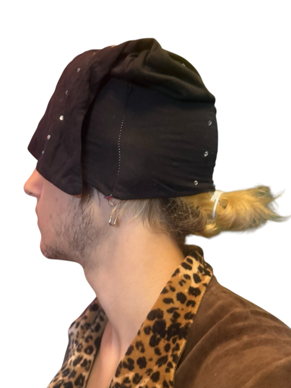 IFEELGREED black fabric head wrap with rhinestone embellishments worn by a person with blonde hair in a side profile.