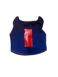 IFEELGREED navy sleeveless cropped tank top with a red rectangular accent, ear-like neckline, and pink hem stitching.