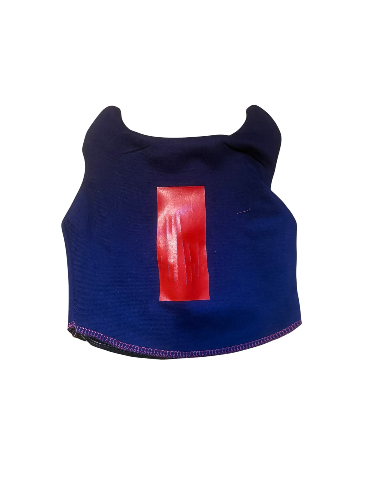 IFEELGREED navy sleeveless cropped tank top with a red rectangular accent, ear-like neckline, and pink hem stitching.