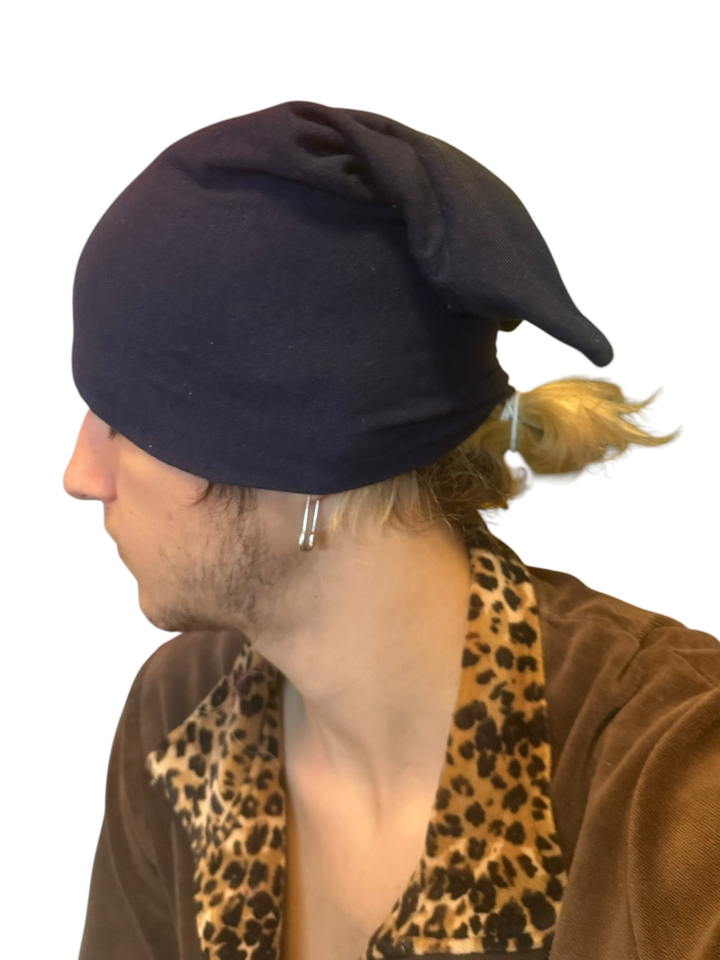 IFEELGREED navy blue slouchy cotton beanie worn by a person with a safety pin earring in profile view