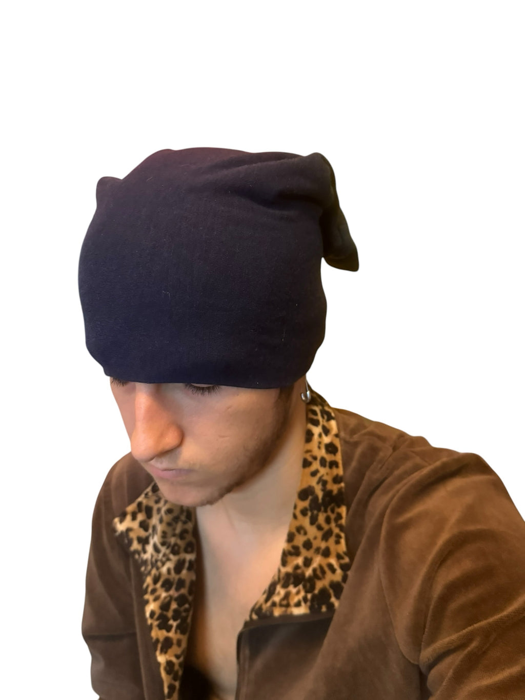 A man wearing an IFEELGREED navy blue slouchy cotton beanie with a relaxed fit against a white background.