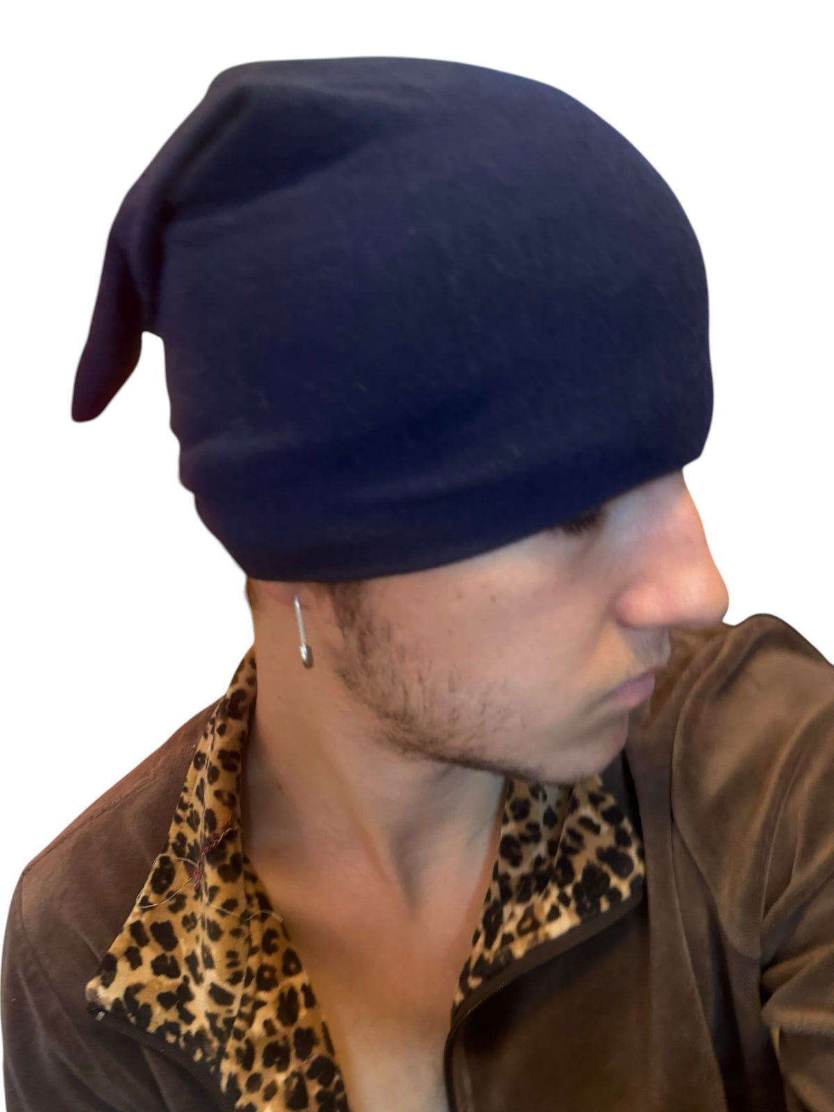IFEELGREED navy blue slouchy cotton beanie worn by a man with a leopard print shirt and silver earring