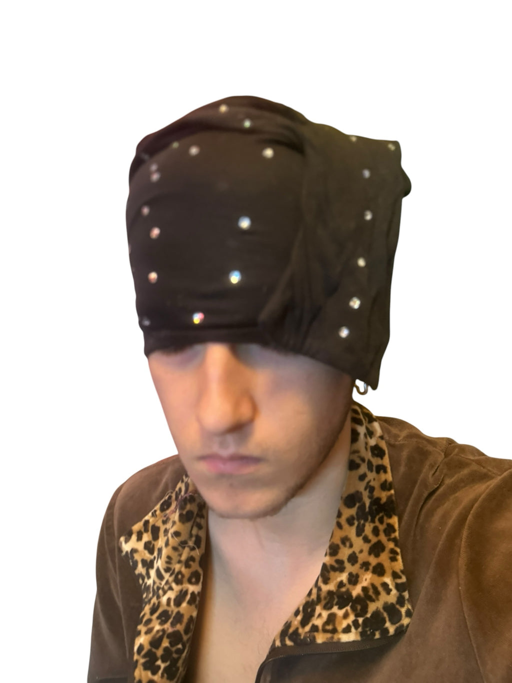 IFEELGREED black stretchy head wrap with sparkling rhinestones worn by a man in a leopard print shirt