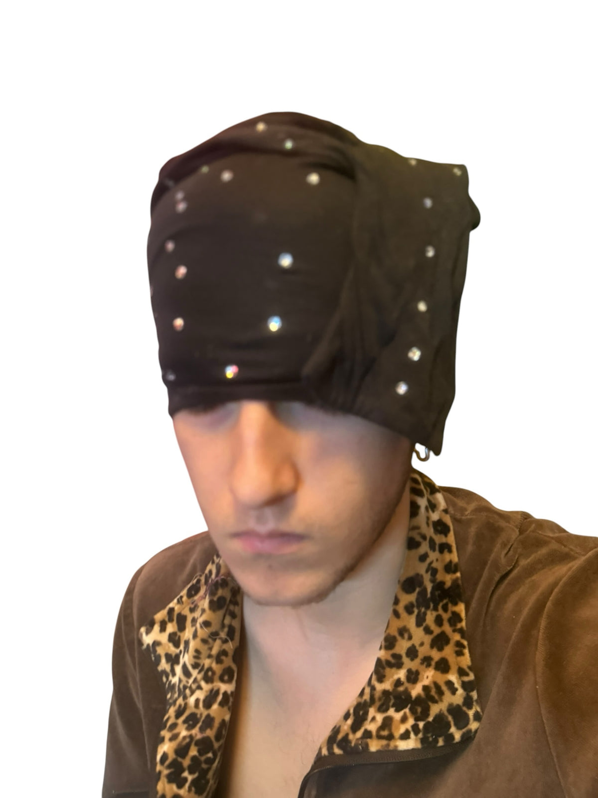 IFEELGREED black stretchy head wrap with sparkling rhinestones worn by a man in a leopard print shirt